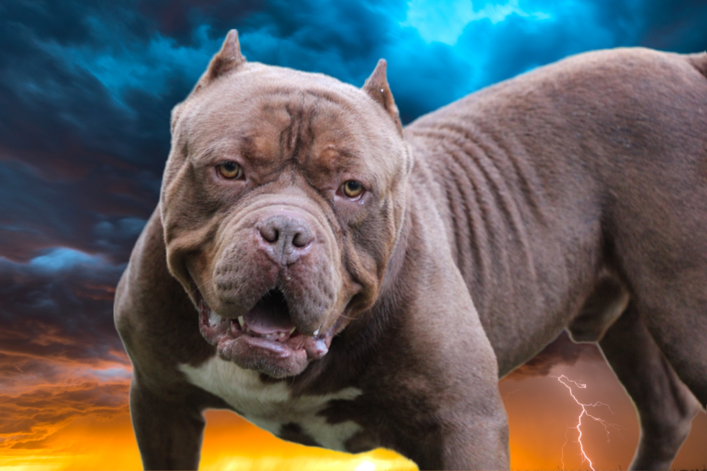 Adult american bully xl dog sunset clouds background